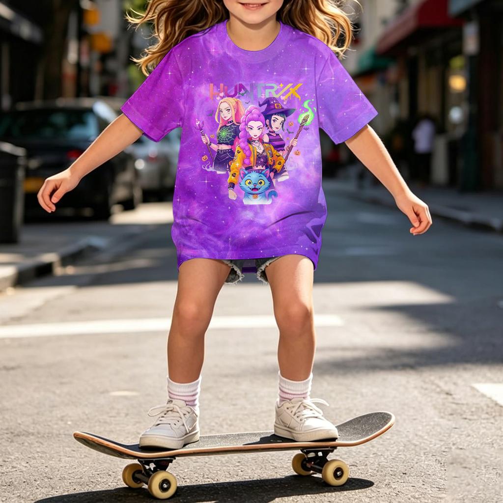 Girls Loose Fit Short Sleeve T Shirt Halloween Inspired Demon Hunter Print Casual Comfortable Top for Kids