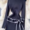 Women New Fashion Spring Autumn Stand Neck Slim Knit Sweater Dress Lace Up Bow Knot Long Sleeve Black Casual Knitwear