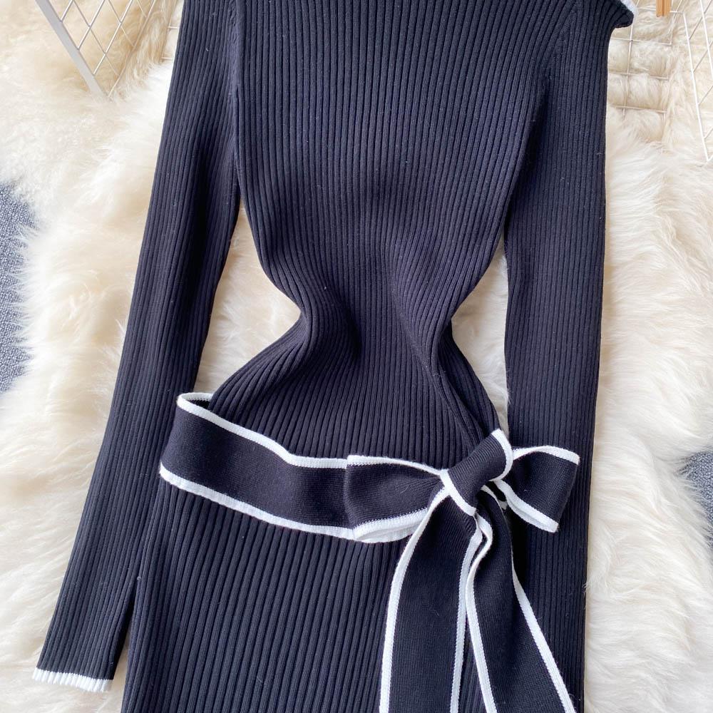 Women New Fashion Spring Autumn Stand Neck Slim Knit Sweater Dress Lace Up Bow Knot Long Sleeve Black Casual Knitwear