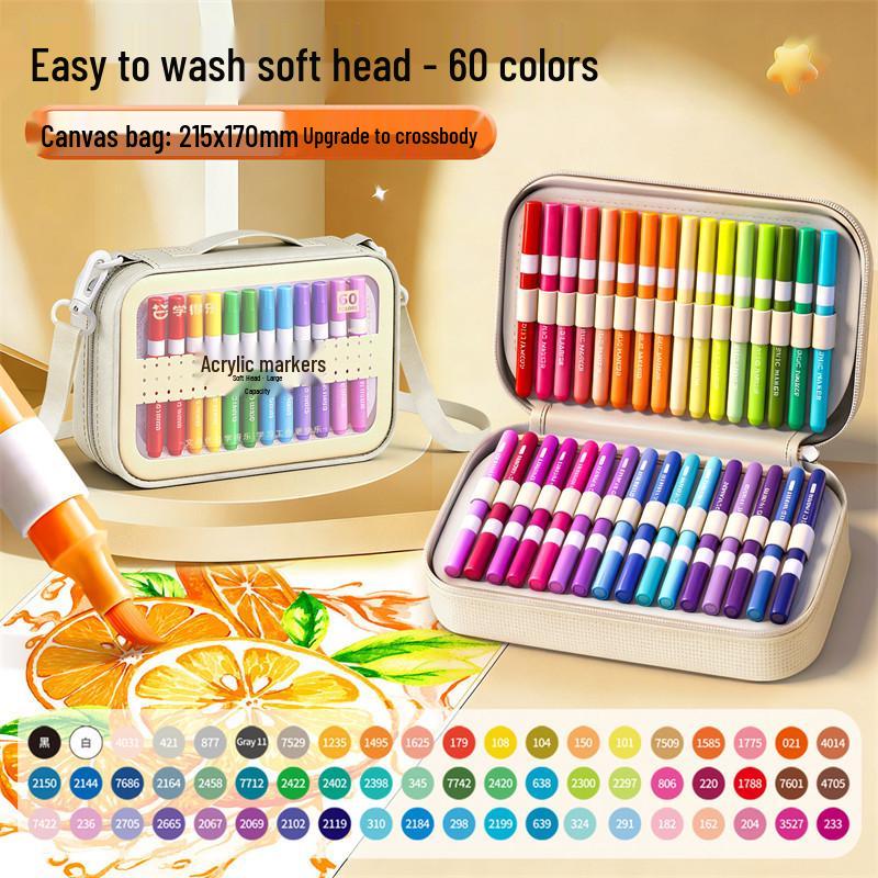 Large Capacity Washable Acrylic Marker Set with Soft Tip and Paint Brushes for Kids' Art Class