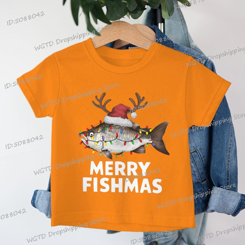 Merry Fishmas Print Christmas T-shirts Short Sleeve Boys Girls Fashion Christmas Clothes Cartoon Hip Hop Wild Xmas Tees