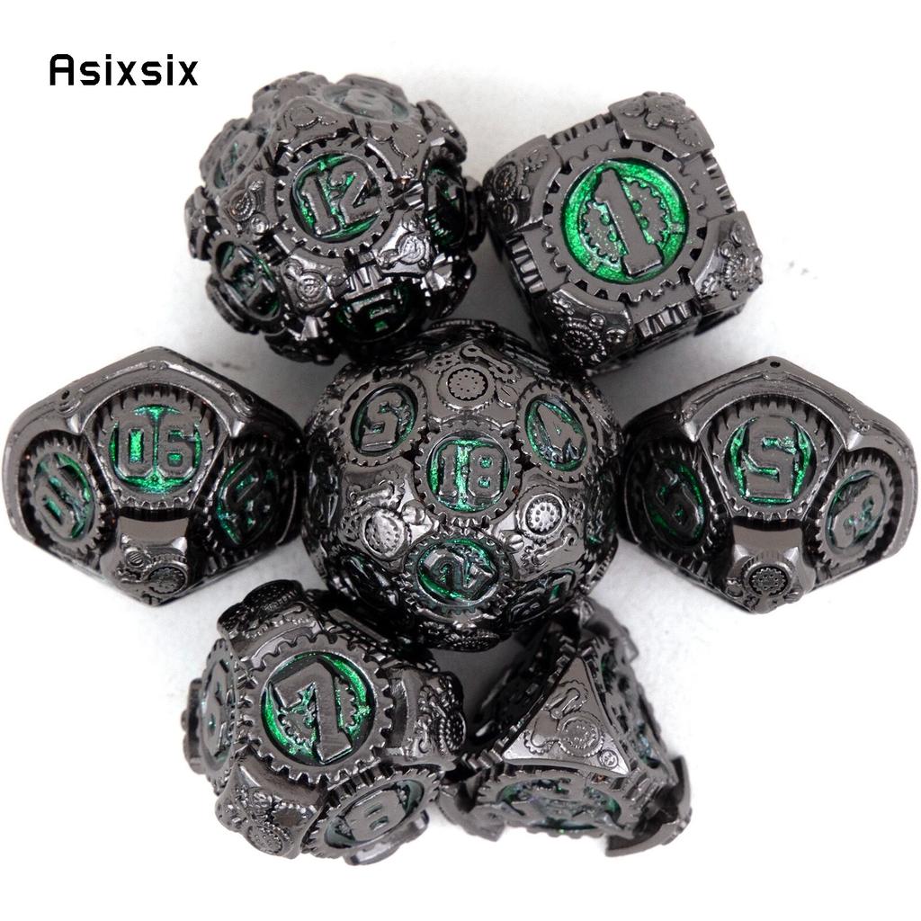 7 Pcs Green Black Gear Wheel Metal Dice Solid Metal Polyhedral Dice Set Suitable for Role-Playing RPG  Board Game Card Game