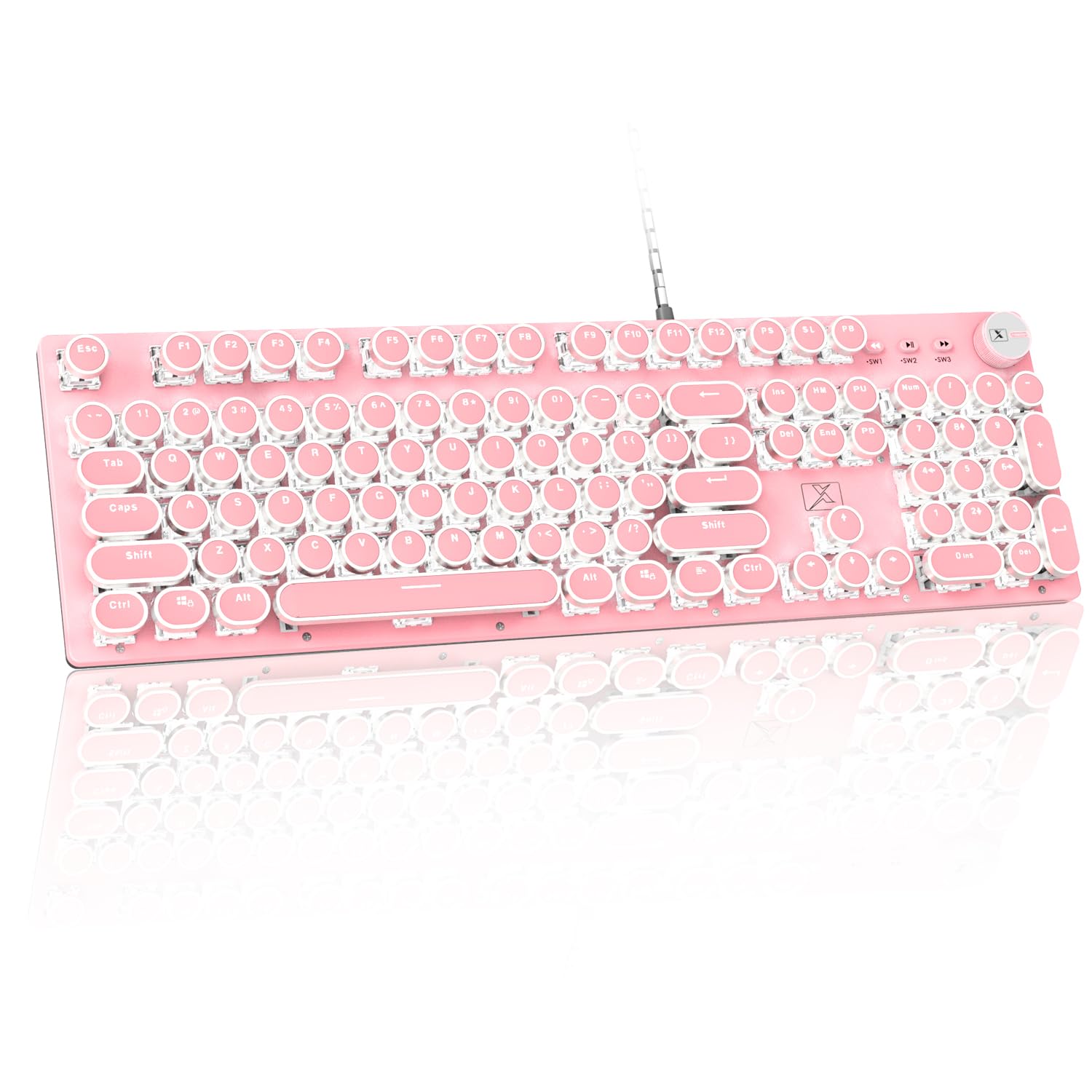 

ZIYOU LANG Wired Punk Keyboard with Mechanical Keyboard Knob Retro Round Keycap Typewriter Blue Axis 104 Keys Full Key White LED 25 Backlight Modes