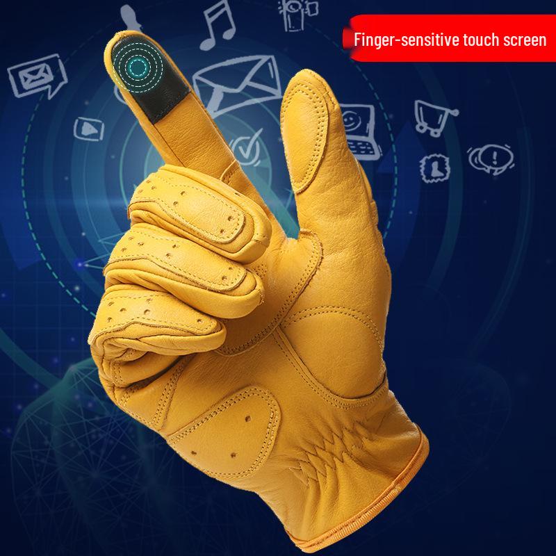 Gants de moto Dennis Vintage en cuir de vache - Respirants, Anti-chute, Écran tactile, Équipement de conduite de motard quatre saisons