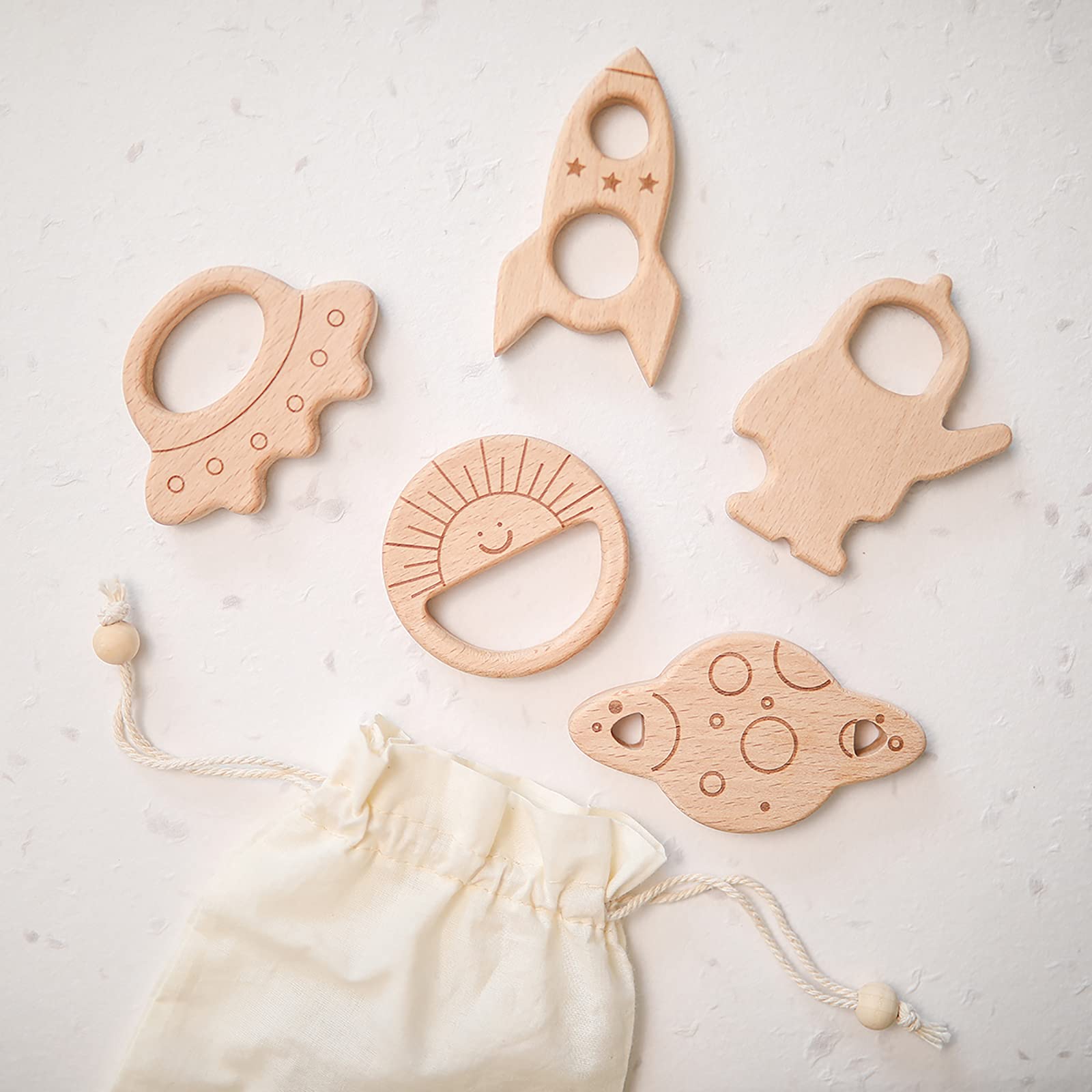 

Promise Babe Teething Toys, 5-Piece Set, Natural Wood, Unpainted, Baby Chew Toy, Teething Pain Relief, For Ages 3 Months and Up, Space Motif