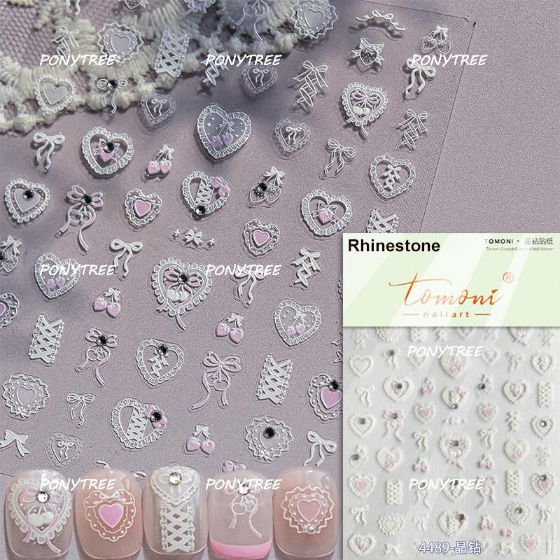 Delicate White Lace Bowknot Simulated Fabric Ribbon Silver Stamped Noble Rhinestone 5D Adhesive Nail Art Sticker Manicure Decal