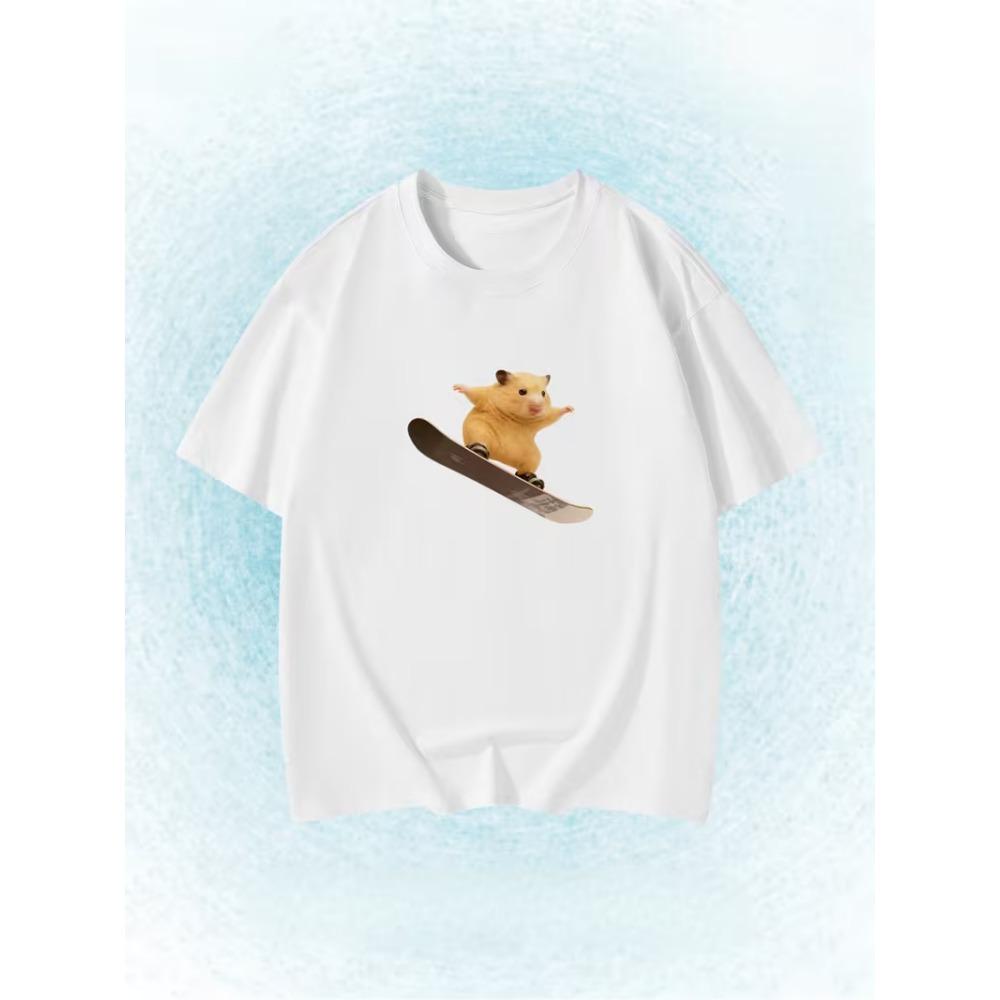 Fun Skiing Hamster Print T-Shirt Cute Meme-Style Short-Sleeve Summer Casual Top Perfect Women Clothing Fashion