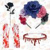 4-Piece Set Halloween Party Costume Rose Flower Headband Novelty Horror Necklace Gloves  for Women