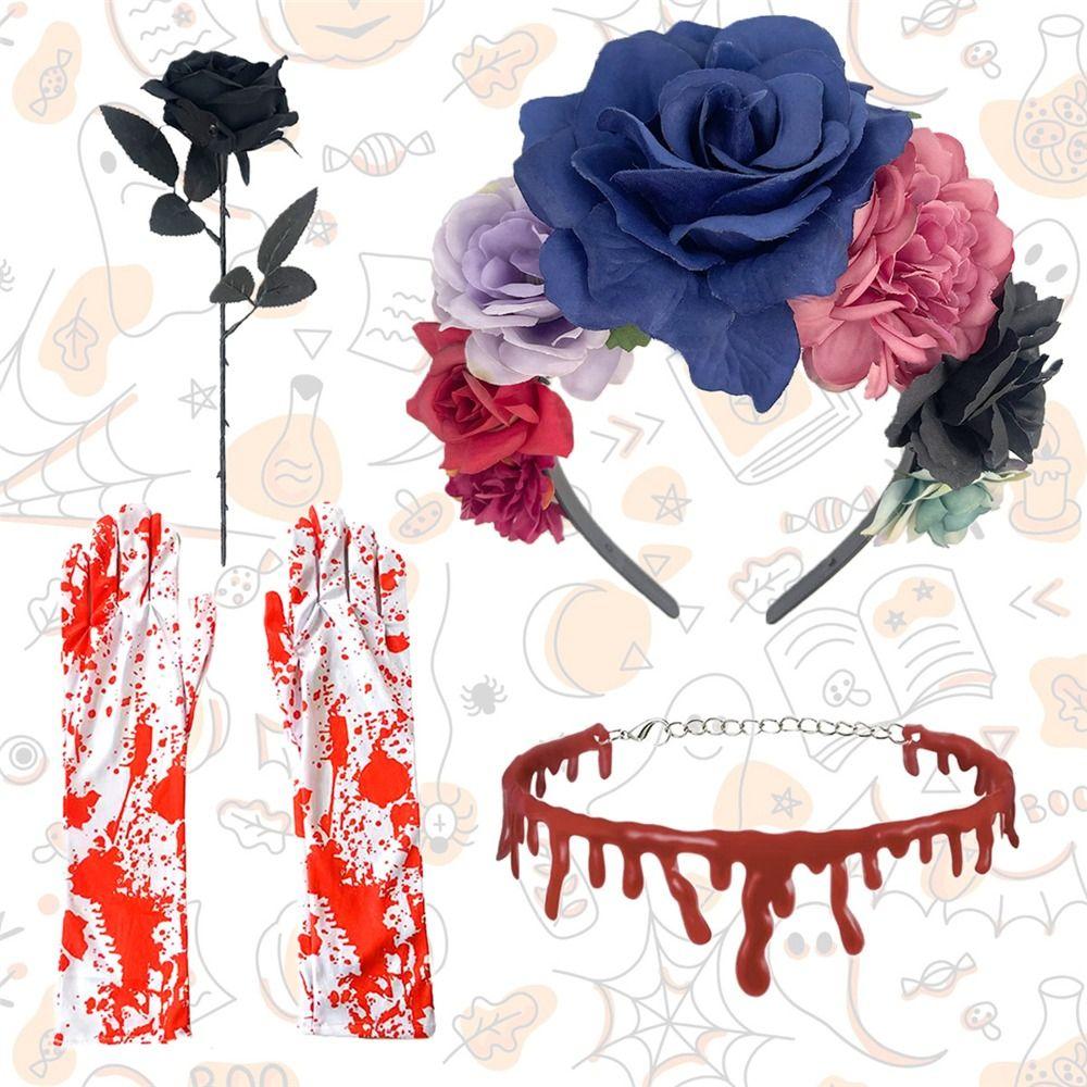 4-Piece Set Halloween Party Costume Rose Flower Headband Novelty Horror Necklace Gloves  for Women
