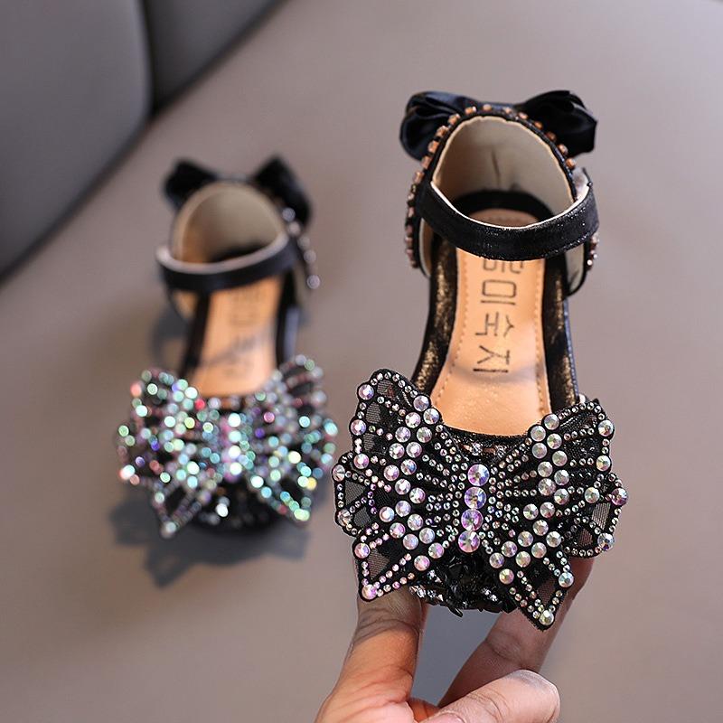 Summer New Korean-style Rhinestone Bow Girls' Sandals Princess Shoes Children's Shoes Spring Style Girls' Leather Shoes Trendy
