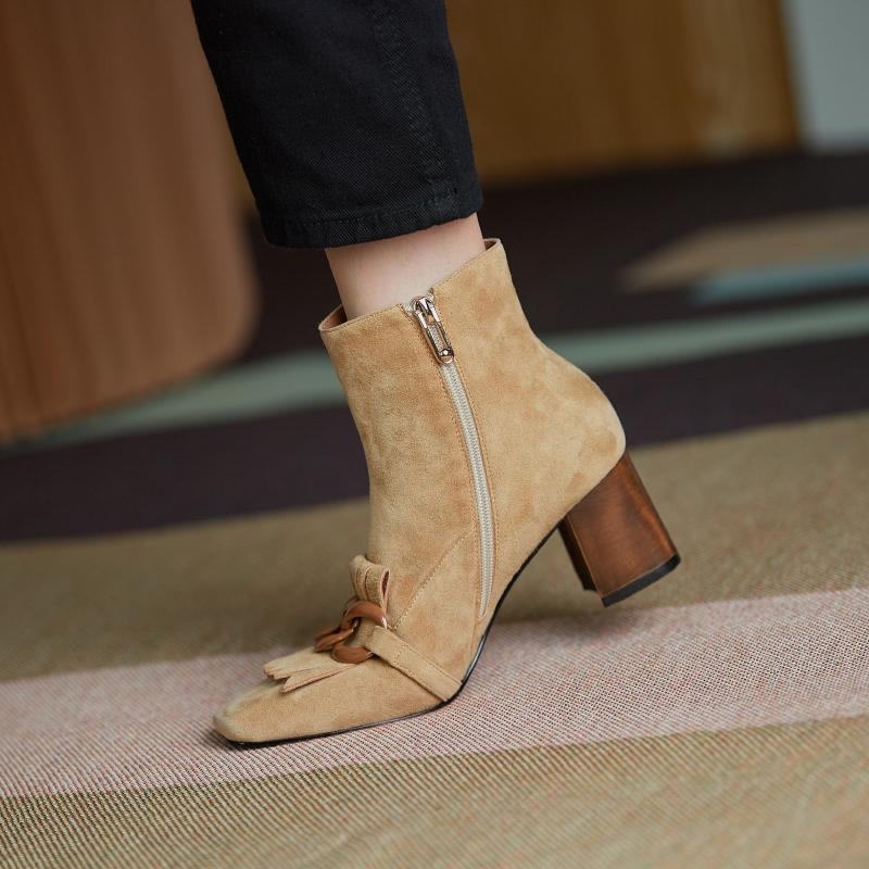 Fashion 2025 Spring Autumn New Women Ankle Boots Kid Suede Shoes Woman Square Toe Chain Side Zipper New Female Office Thick Heels Boots