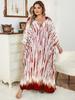 EDOLYNSA Red Striped Women's Kaftan Bohemian V-neck Chinese Knot Auspicious Knot Long Dress Robe Bathing Suit Cover Up Outfit Q1297