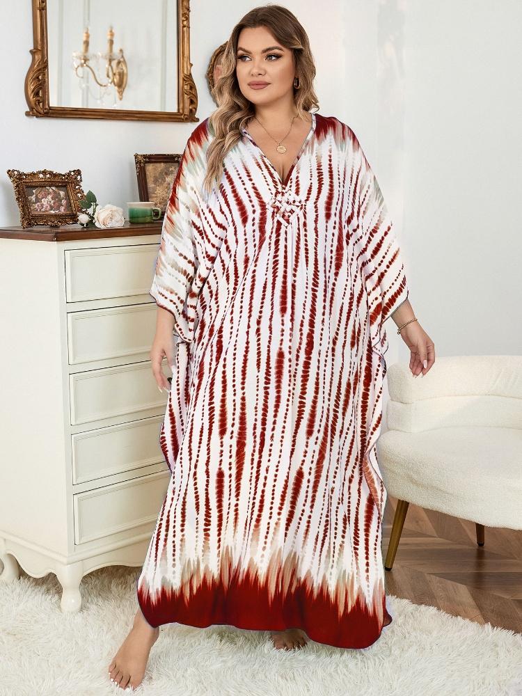 EDOLYNSA Red Striped Women's Kaftan Bohemian V-neck Chinese Knot Auspicious Knot Long Dress Robe Bathing Suit Cover Up Outfit Q1297