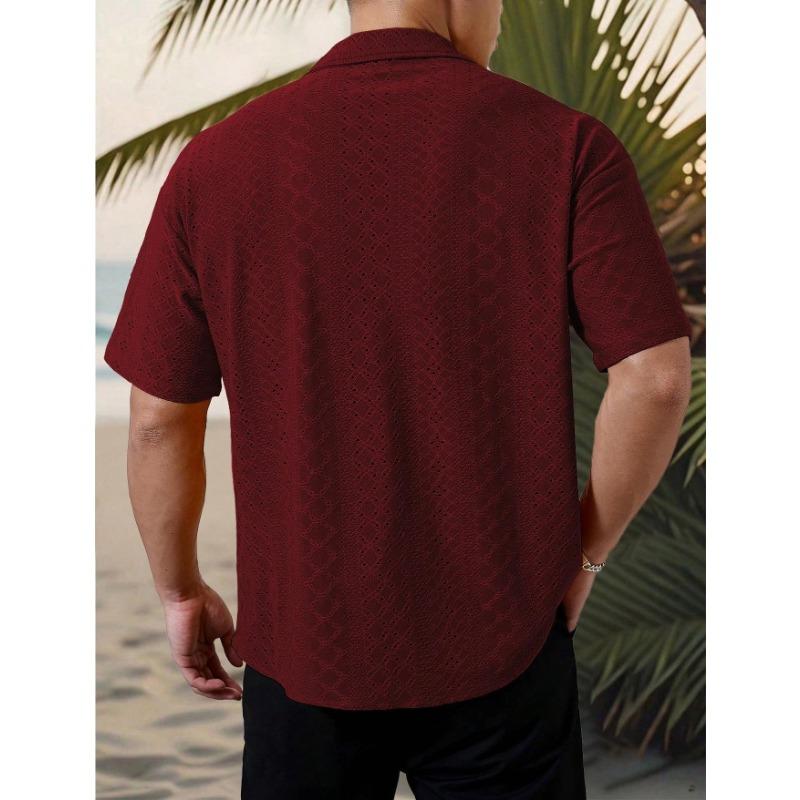 Men Notch Collar Short Sleeve Shirt Hollow Eyelet Jacquard Textured Full Button Loose Vacation Breathable Casual Blouse