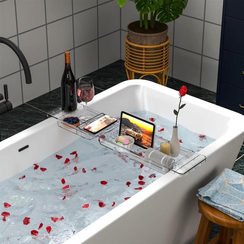 Bathtub Tray Acrylic Shelf Retractable Storage Rack Wine Tablet Book Half Bath Tray Bathroom Organization Bathtub Accessories