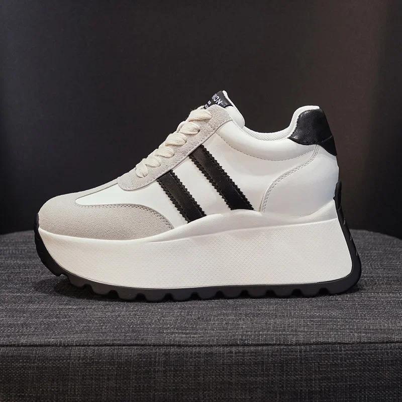 Top Quality 8cm Genuine Leather Platform Wedge Women Spring Autumn Chunky Sneakers Shoes Breathable Comfortable Vulcanize Boots