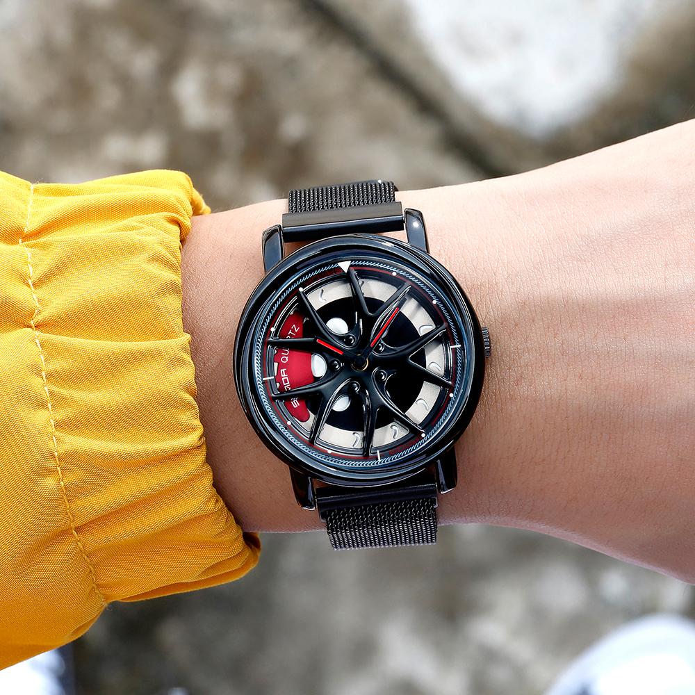 SANDA Top Men Quartz Watches Sports Car Watch Waterproof Sport 360℃ Rotating Rim Hub Wheel Wristwatch Car Quartz Men's Watches
