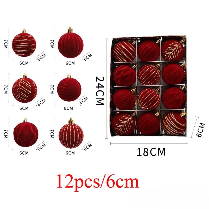 24pcs Wine Red Christmas Ball Ornaments Flocking Christmas Tree Party Decoration New Year Christmas Spheres Pendant Balls