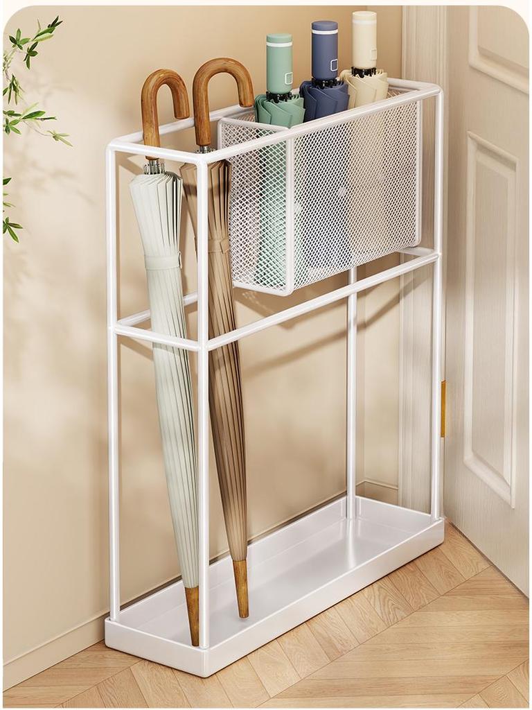 Wrought Iron Umbrella Stand: Compact Doorway Storage Rack & Draining Shelf
