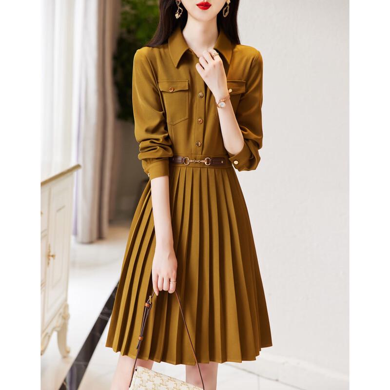 

Elegant Pleated Long Sleeve A-Line Midi Dress M