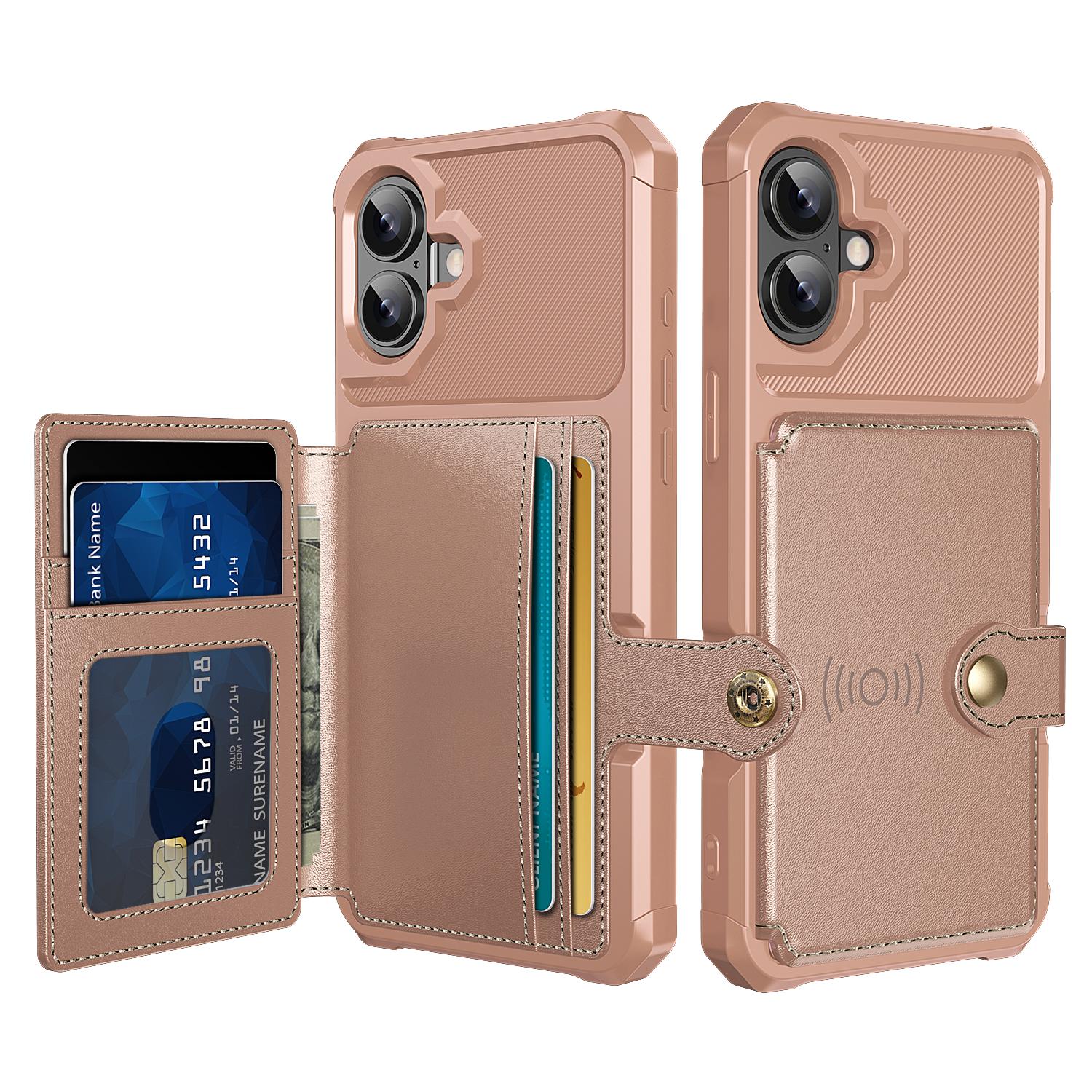 

ZM03 For iPhone 16 Case with Card Holder PU Leather+TPU Phone Back Cover Pink