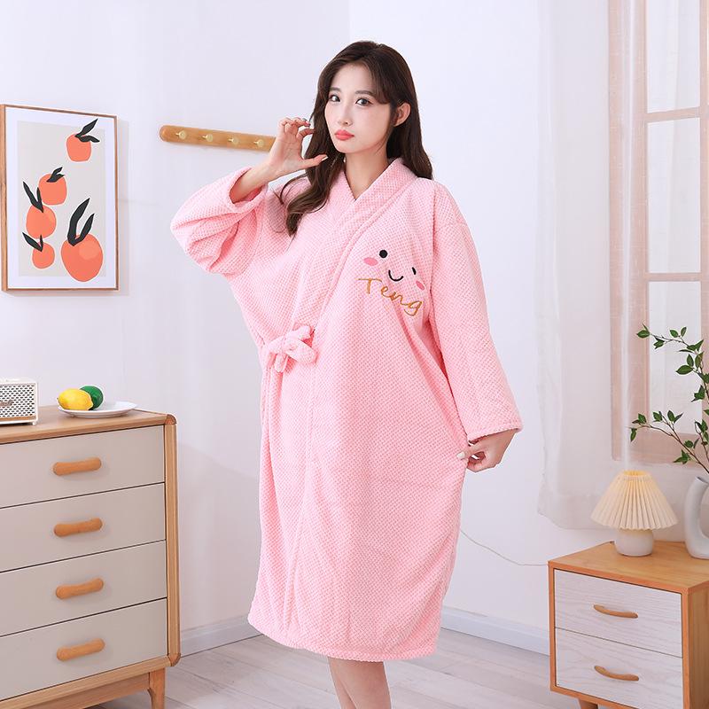 Women's Coral Fleece Bathrobe Set: Long Sleeve Bath Dress and Hair Drying Cap