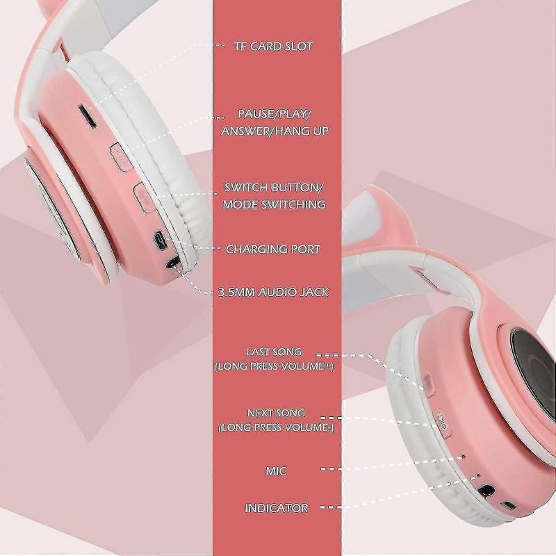 Bluetooth Over-ear Headphones Pink Girl Cat Ear Headphones Led Light Foldable Stereo Wireless Headphones Headset Compatible  Kids Telescopic Noise Can