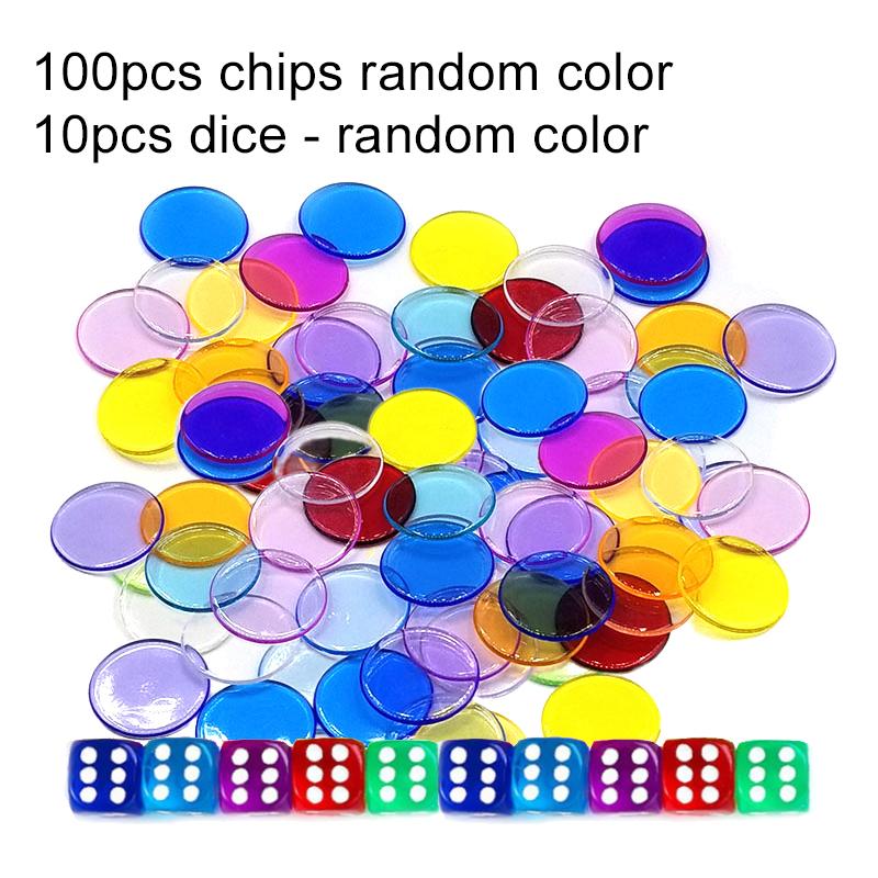 100pcs 19mm Plastic Chips with Dice DIY Tokens Color Transparent Board Game Coins Bingo Accessories Teaching Game Coins TMZ