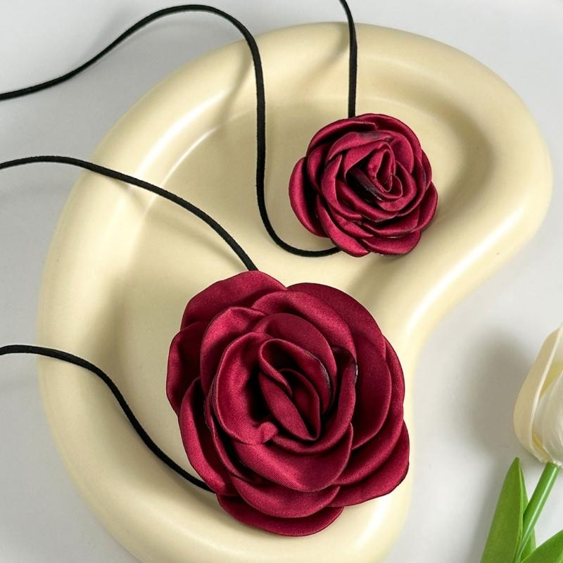 Y2K Adjustable Rope Necklaces with Big/Small Rose Pendant Charm, Fashionable Gothic Clavicle Chain Trendy Neckwear Gift