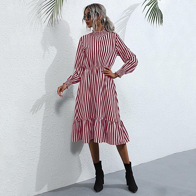 

Женские повседневные платья YYFS с длинным рукавом в винтажную полоску и принтом S красный