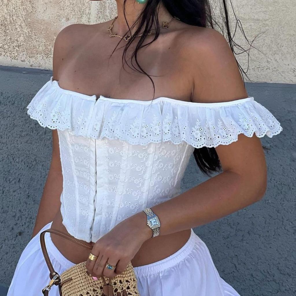 One-word Collar Sling French Ruffled Breasted Waist Slimming Vest