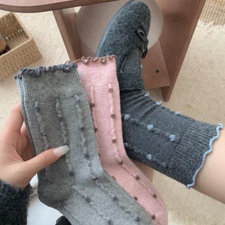 Polka Dot Floral Merino Wool Slouch Socks with Lettuce Edge and Lace