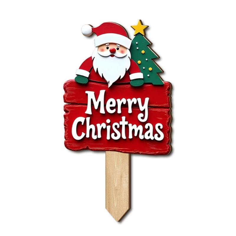 Santa Snowman Holiday Yard Stake Handcrafted Wooden Door Plaque For Seasonal Celebration Party Decoration