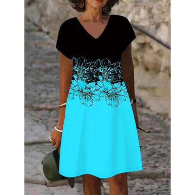 Printed Color Blocked Dress, Casual V-neck Short Sleeved Women's Clothing for Spring and Summer