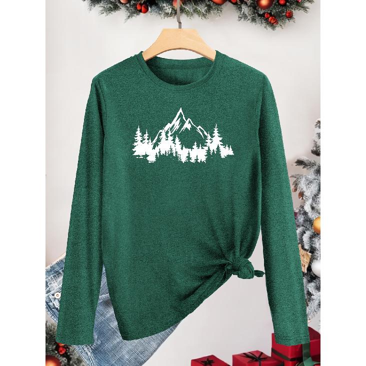 Christmas Elegant Long-sleeved Dress for Women Mountain and Forest Print Round Neck Summer Dress T Shirt Suitable for Spring Wear Summer Autumn