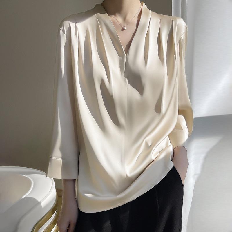 Silk Shirt for Women Spring and Summer Shirt V-neck Simple Nine Points Sleeve Temperament Versatile French Top