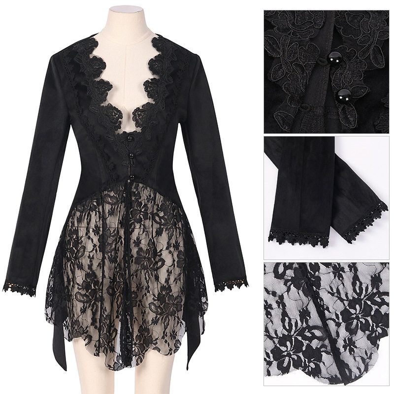 

Fashion Gothic Mid Length Long Length Outwear Plus Size Fashion Slim Trench Coat Dark Collar Court Swallowtail Overcoat Lace Jacket S
