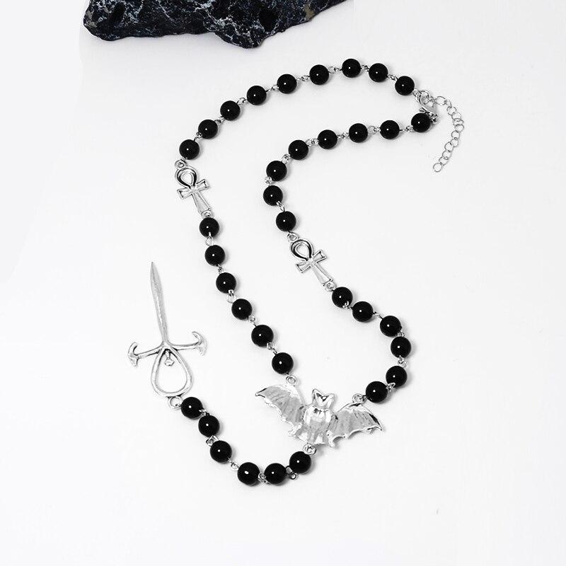 1pcs Vintage Necklace For Men And Women Vampire Beads Handmade Bent Pin Bat Rosary Cross Pendant
