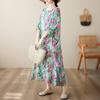 DIMANAF New 2025 Summer Dress Women Vintage Printing Floral Casual Plus Size Dress Loose O-Neck Dress Maxi