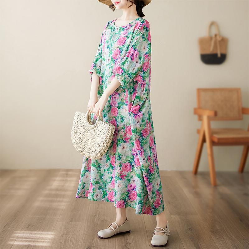 DIMANAF New 2025 Summer Dress Women Vintage Printing Floral Casual Plus Size Dress Loose O-Neck Dress Maxi