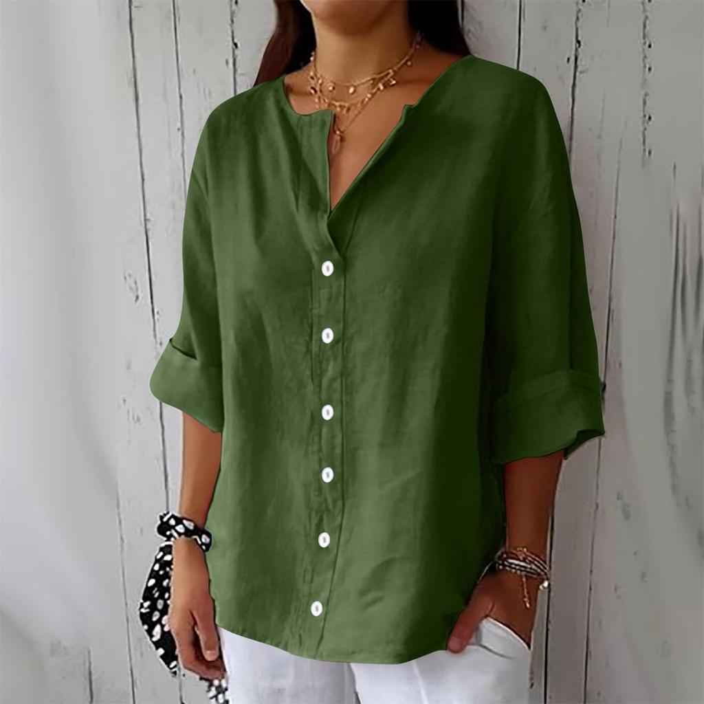 Women's Fashion Casual V-Neck Buttoned Seven Sleeve Cotton Linen Top