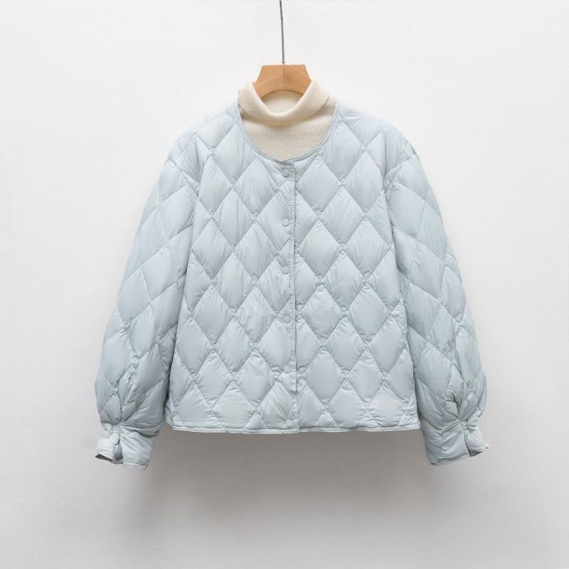 Autumn and Winter New Down Jackets Women's Light and Short Rhombus Grid Round Neck Duck Down Jacket