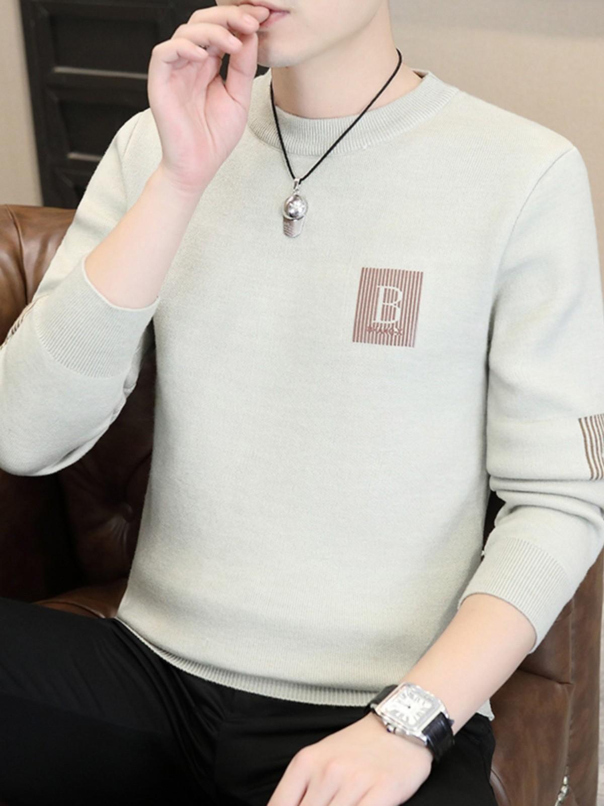 Men s Round Neck Knit Sweater - Thick Warm Autumn/Winter Base Layer M (45-50kg)