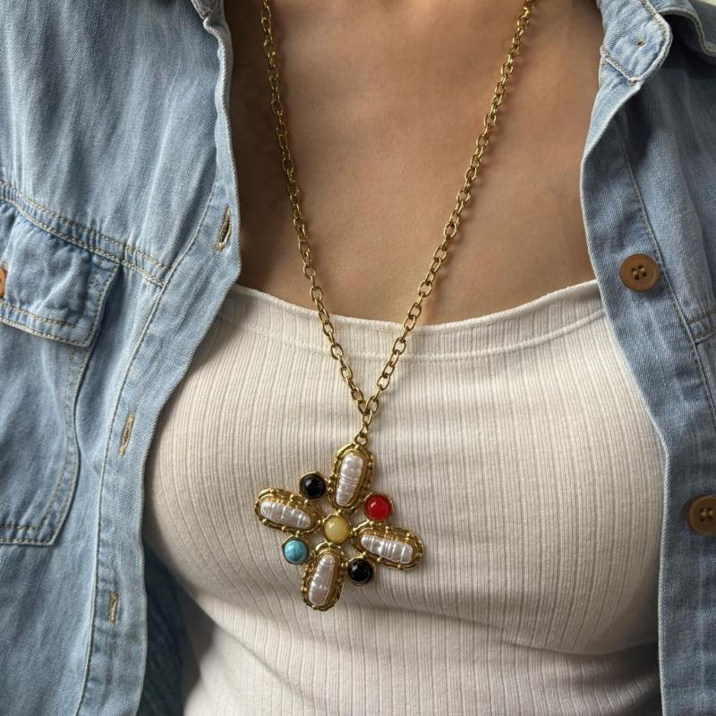 Lång Lager Kors Berlock Halsband Stadigt Rostfritt Stål Smycken Med Ädelstenar Och Imitationspärlor Detaljer