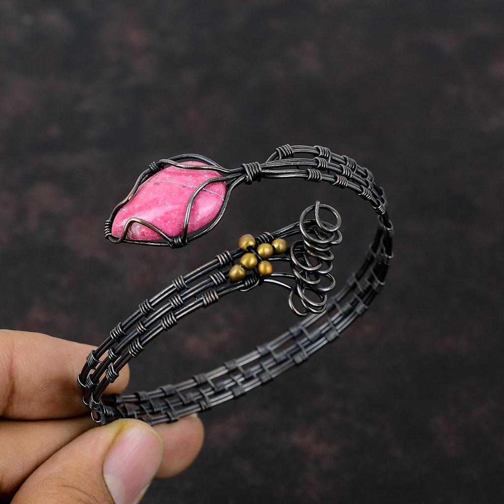 Thulite Cuff Bracelet Handmade Gemstone Bangle Copper Wire Wrapped Jewelry Adjustable Bangle Copper Wire Wrap Cuff Bracelet Gift For Mother