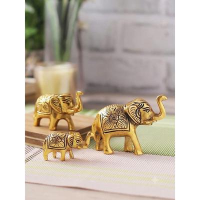 Lot de 3 statues de famille d'éléphants en métal avec trompe relevée - Fengshui Vastu Lucky - Objets décoratifs pour la décoration du salon de la maison