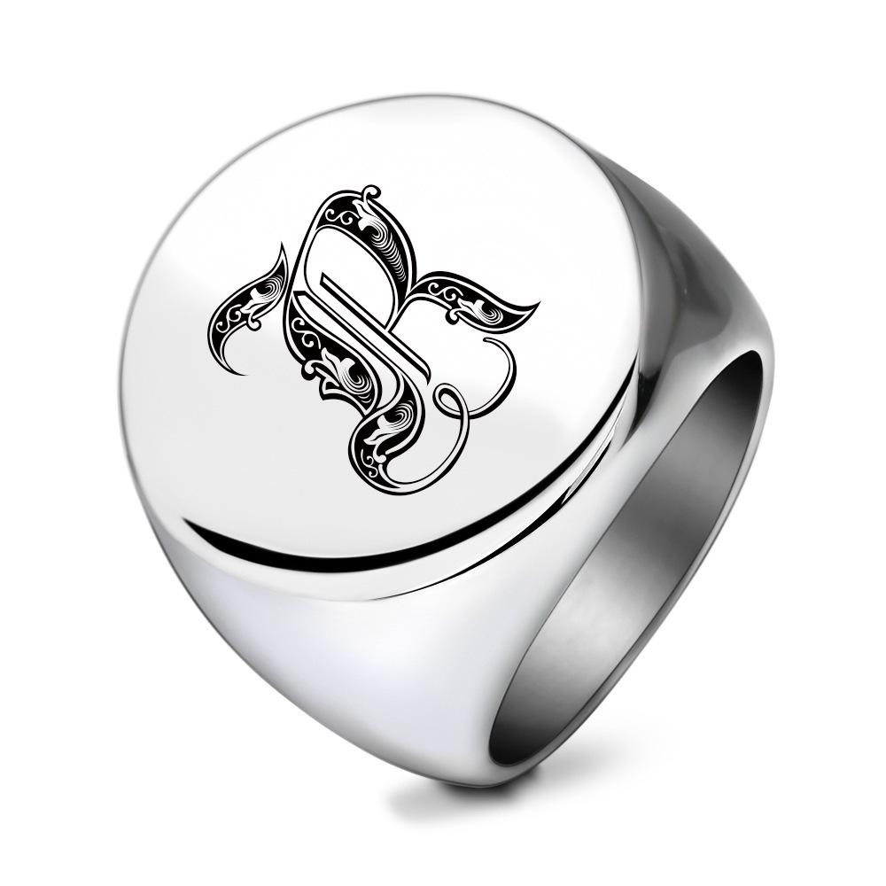 Vintage 22MM Round Stainless Steel Ring 26 Initial Letter Minimalist Unisex Finger Ring