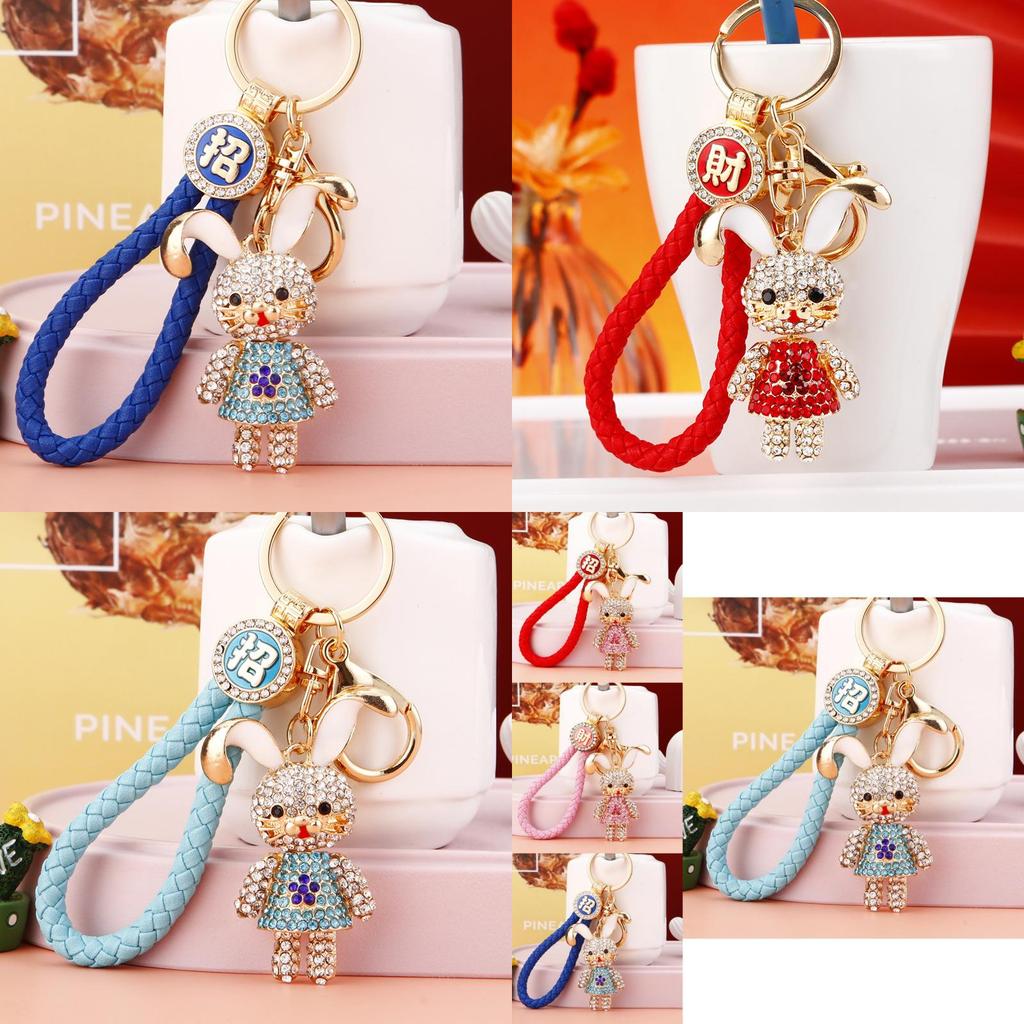 Cute Creative Metal Rabbit Keychain With Rhinestone Flower Dress For Women Gifts