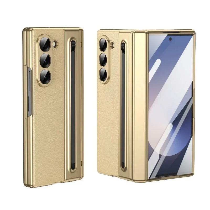 Samsung Galaxy Z Fold 7/6/5/4/3 Leather Phone Case with Steel Film Pen Slot Hinge Protection Shockproof Cover for Galaxy Z Fold