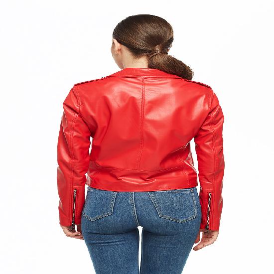 NOORA Womens Lambskin Leather Red Biker Jacket With Zipper & Pocket | Shoulder Strap | Belted Jacket |